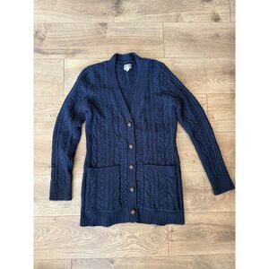 DULUTH M wool cashmere blue chunky knit long navy cardigan fisherman Sweater